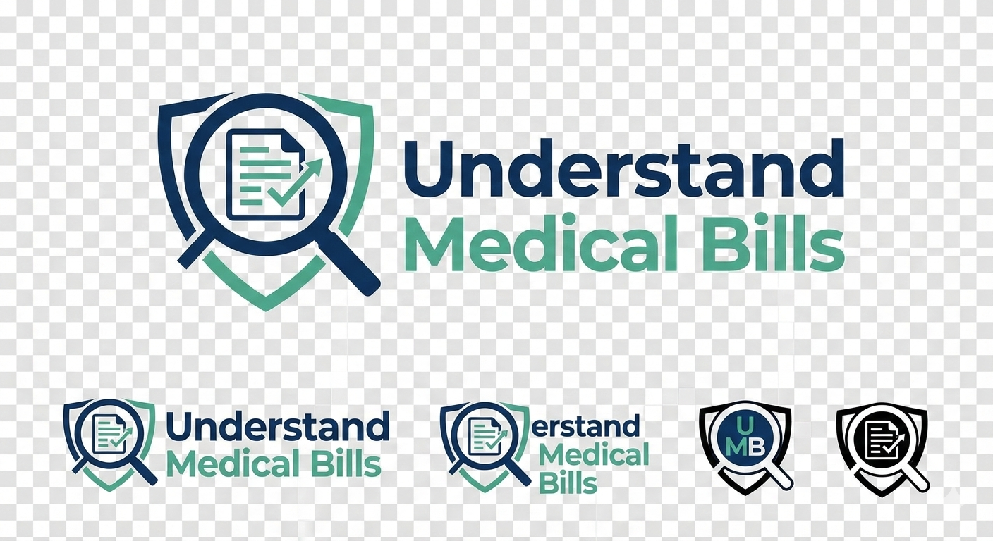 Logo design set for Medical Bill Analyzer featuring a modern shield and magnifying glass icon inspecting a document to symbolize financial clarity. The image displays horizontal, stacked, and monochrome variations in navy blue and teal, including the tagline 'Clarity in Healthcare Billing'.